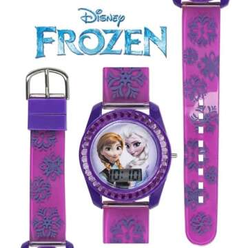 Accutime Disney's Frozen Kids' Digital Watch with Elsa and Anna on the Dial, Purple Casing, Comfortable Pink Strap, Easy to Buckle, Safe for Children - Model: FZN3598