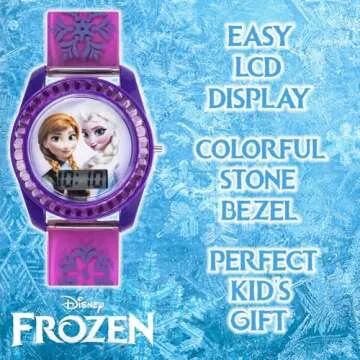 Accutime Disney's Frozen Kids' Digital Watch with Elsa and Anna on the Dial, Purple Casing, Comfortable Pink Strap, Easy to Buckle, Safe for Children - Model: FZN3598