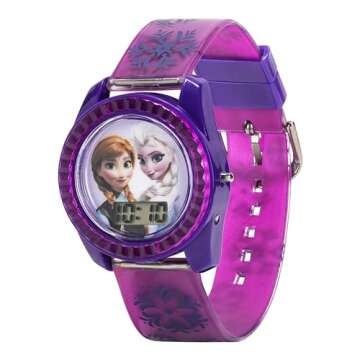Accutime Disney's Frozen Kids' Digital Watch with Elsa and Anna on the Dial, Purple Casing, Comfortable Pink Strap, Easy to Buckle, Safe for Children - Model: FZN3598
