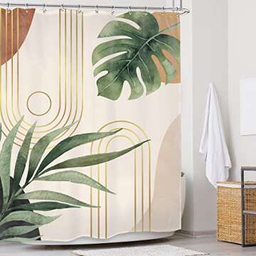 Glawry Boho Sage Green Shower Curtain 60Wx72L Inches, Abstract Bohemian Mid Century Bathroom Curtains, Plant Botanical Palm Leaf Decor Fabric Shower Curtain Liner Set Bathroom Rugs Waterproof 12 Hooks