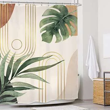 Glawry Boho Sage Green Shower Curtain 60Wx72L Inches, Abstract Bohemian Mid Century Bathroom Curtains, Plant Botanical Palm Leaf Decor Fabric Shower Curtain Liner Set Bathroom Rugs Waterproof 12 Hooks