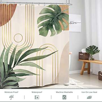 Glawry Boho Sage Green Shower Curtain 60Wx72L Inches, Abstract Bohemian Mid Century Bathroom Curtains, Plant Botanical Palm Leaf Decor Fabric Shower Curtain Liner Set Bathroom Rugs Waterproof 12 Hooks