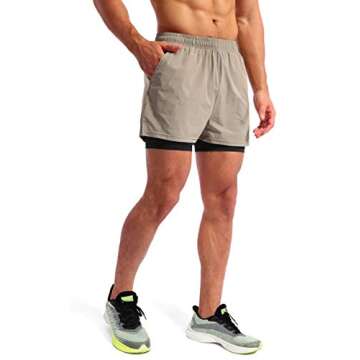 Pudolla Men’s 2 in 1 Running Shorts 5" Quick Dry Gym Athletic Workout Shorts for Men with Phone Pockets(Khaki Large)
