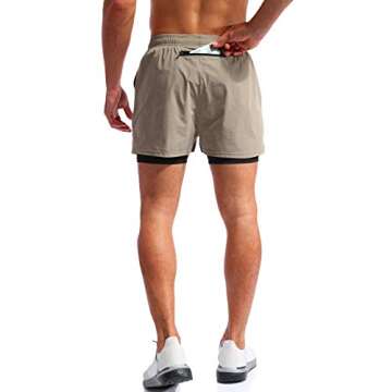Pudolla Men’s 2 in 1 Running Shorts 5" Quick Dry Gym Athletic Workout Shorts for Men with Phone Pockets(Khaki Large)