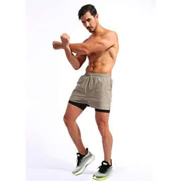 Pudolla Men’s 2 in 1 Running Shorts 5" Quick Dry Gym Athletic Workout Shorts for Men with Phone Pockets(Khaki Large)