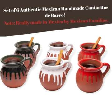 TIERRA TIZOC Premium Jarritos de Barro Mexicanos - Set of 6 Mexican Coffee Mugs - Mexican Clay Coffee Mugs or Tazas de Barro.