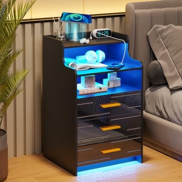 HNEBC RGB LED Nightstand with Charging Station, Black Nightstand with 3 Drawers, Smart Nightstand ha...