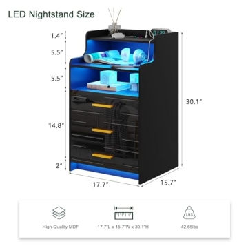 HNEBC RGB LED Nightstand with Charging Station and Drawers