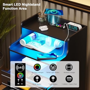 HNEBC RGB LED Nightstand with Charging Station and Drawers
