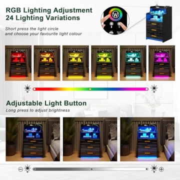 HNEBC RGB LED Nightstand with Charging Station and Drawers