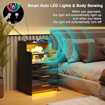HNEBC RGB LED Nightstand with Charging Station and Drawers