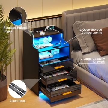 HNEBC RGB LED Nightstand with Charging Station and Drawers