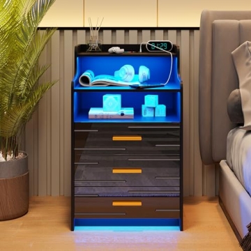 HNEBC RGB LED Nightstand with Charging Station and Drawers