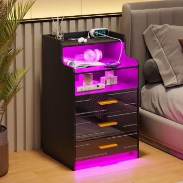 HNEBC RGB LED Nightstand with Charging Station and Drawers