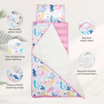 Safotad Toddler Nap Mat with Removable Pillow and Plush Blanket - 54" x 33"for Kids Ages 3-6 Years- Soft Kids Sleeping Bag for Toddlers - Roll Up Design Great for Preschool, Daycare, Pink