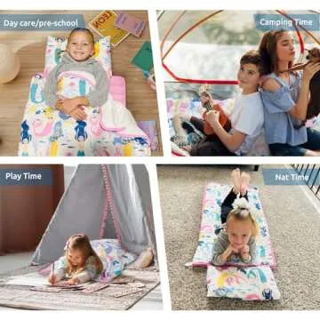 Safotad Toddler Nap Mat with Removable Pillow and Plush Blanket - 54" x 33"for Kids Ages 3-6 Years- Soft Kids Sleeping Bag for Toddlers - Roll Up Design Great for Preschool, Daycare, Pink