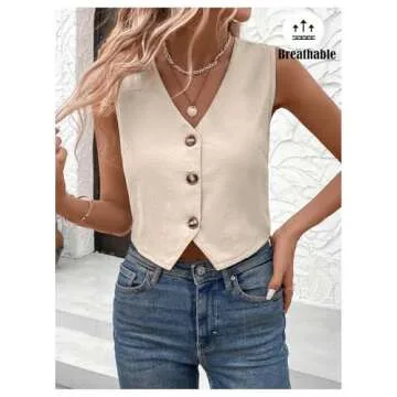 MakeMeChic Women's V Neck Button Down Cropped Blazer Vest Tops Sleeveless Suit Vest Waistcoat Khaki Small