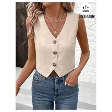 MakeMeChic Women's V Neck Button Down Cropped Blazer Vest Tops Sleeveless Suit Vest Waistcoat Khaki Small