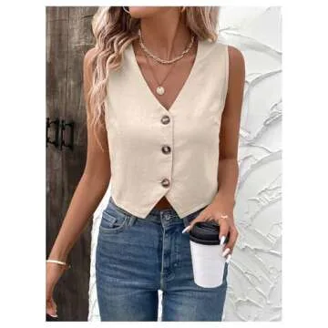 MakeMeChic Women's V Neck Button Down Cropped Blazer Vest Tops Sleeveless Suit Vest Waistcoat Khaki Small