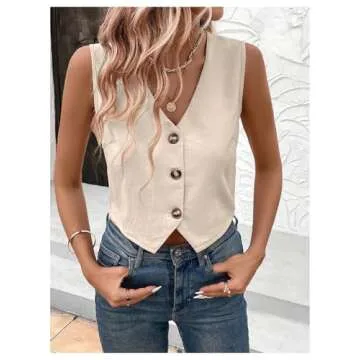 MakeMeChic Women's V Neck Button Down Cropped Blazer Vest Tops Sleeveless Suit Vest Waistcoat Khaki Small