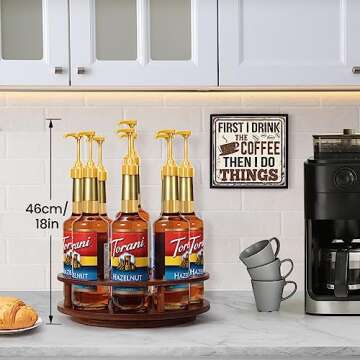 THYGIFTREE Large Rotating Coffee Syrup Organizer 9 Bottles Coffee Syrup Rack for Countertop Wood Syr...