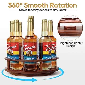 THYGIFTREE Large Rotating Coffee Syrup Organizer 9 Bottles Coffee Syrup Rack for Countertop Wood Syrup Bottle Holder Stand for Coffee Bar Station, Turntable Wine Display Tray, Brown