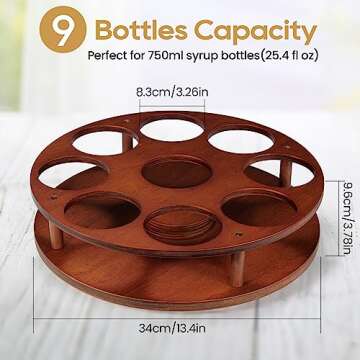 THYGIFTREE Large Rotating Coffee Syrup Organizer 9 Bottles Coffee Syrup Rack for Countertop Wood Syrup Bottle Holder Stand for Coffee Bar Station, Turntable Wine Display Tray, Brown