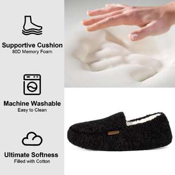 LongBay Women's Fuzzy Memory Foam Slippers Warm Cozy Shearling House Slippers for Ladies Supportive Slip on Indoor Home Shoes, Black, 8-9