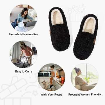LongBay Women's Fuzzy Memory Foam Slippers Warm Cozy Shearling House Slippers for Ladies Supportive Slip on Indoor Home Shoes, Black, 8-9