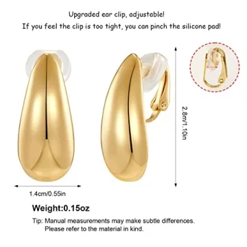 MUYAN Gold Plated Waterdrop Clip-On Earrings Elegant & Lightweight
