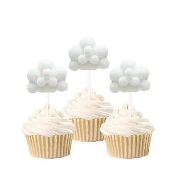 Creaides 10pcs Cloud Cupcake Toppers Plush Yarn Ball Cloud Shaped Dessert Picks Cake Decoration for Baby Shower Wedding Birthday Party Supplies (White)