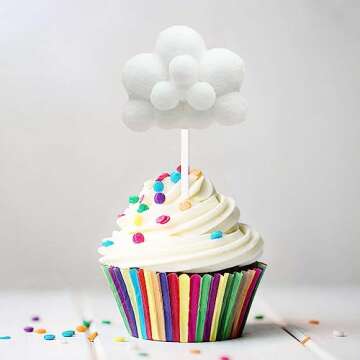 Creaides 10pcs Cloud Cupcake Toppers Plush Yarn Ball Cloud Shaped Dessert Picks Cake Decoration for Baby Shower Wedding Birthday Party Supplies (White)