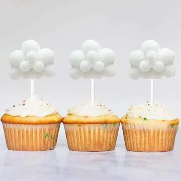 Creaides 10pcs Cloud Cupcake Toppers Plush Yarn Ball Cloud Shaped Dessert Picks Cake Decoration for Baby Shower Wedding Birthday Party Supplies (White)