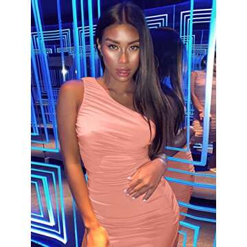 GEMEIQ Women’s Ruched One Shoulder Bodycon Midi Dress Sexy Sleeveless Cocktail Party Pencil Dresses Pink M