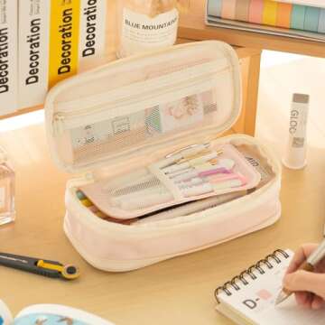 EASTHILL Big Capacity Pencil Case Large Pencil Pouch Stationery Pen Bag for Teen Girls-Pink
