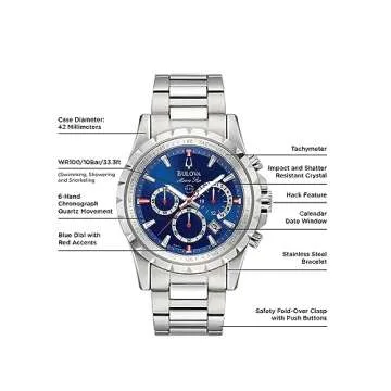 Bulova Men’s Marine Star 6-Hand Quartz Chronograph Stainless Steel Watch, Blue Dial, Tachymeter, 100M Water Resistant Style: 96B174
