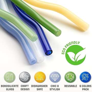 GET FRESH Reusable Wavy Glass Drinking Straws Set - 6pcs Colored Reusable Glass Drinking Straws Set ...