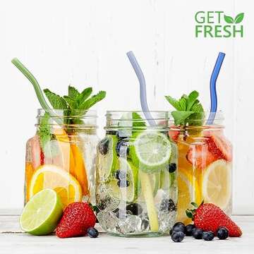 GET FRESH Reusable Wavy Glass Drinking Straws Set - 6pcs Colored Reusable Glass Drinking Straws Set from Borosilicate Shatter Resistant Glass - Coloured Dishwasher Safe Wavy Glass Straws for Cocktail