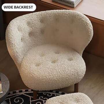 Mid-Century Modern Lounge Chair with Ottoman - Soft Lamb Fleece Upholstery, High-Resilience Foam, Solid Wood Frame, Easy Assembly, Stylish Accent Chair for Living Room & Bedroom (Off-white)