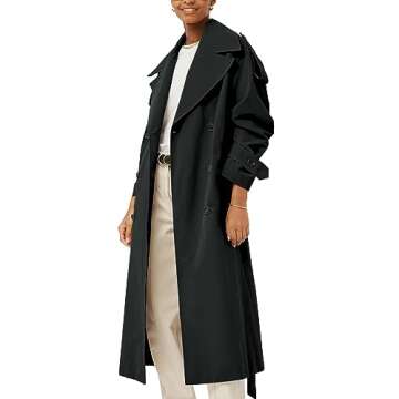 Farktop Womens Oversized Long Trench Coat Double Breasted Lapel Windproof Overcoat with Belt