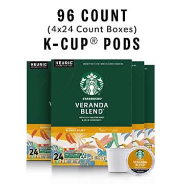 Starbucks K-Cup Coffee Pods, Starbucks Blonde Roast Coffee, Veranda Blend for Keurig Brewers, 100% Arabica, 4 boxes (96 pods total)