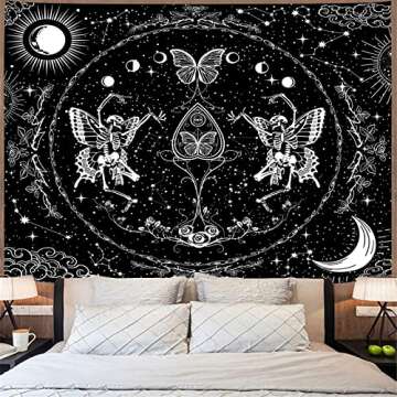KJHL Large Skull Tapestry - Black and White Gothic Butterfly Wall Art