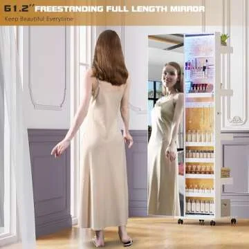 Lvifur 360° Rotating 63'' LED Jewelry Armoire,Full Length Mirror Large Capacity Floor Standing 3 Color Dimmable Jewelry Organizer Armoire with 4 Rollers,Rear Storage Shelves