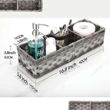 [Larger Compartments] Toilet Tank Topper Paper Basket - Multiuse Hand Woven Plastic Wicker Basket with Divider for Organizing, Rustic Farmhouse Bathroom Decor, Countertop Organizer Storage, Grey