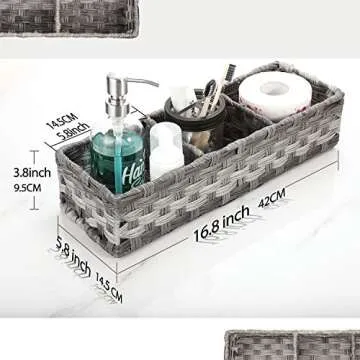 [Larger Compartments] Toilet Tank Topper Paper Basket - Multiuse Hand Woven Plastic Wicker Basket with Divider for Organizing, Rustic Farmhouse Bathroom Decor, Countertop Organizer Storage, Grey