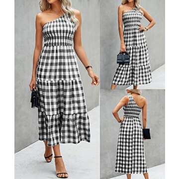 BTFBM Women One Shoulder Sleeveless Casual Summer Dresses 2023 Smocked High Waist Floral Flowy Beach Boho Maxi Dress(Plaid Black, Small)