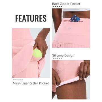 BALEAF Women's Pleated Tennis Skirts High Waisted Lightweight Athletic Golf Skorts Skirts with Shorts Pockets Pink Small
