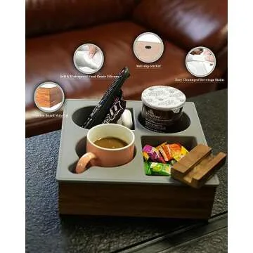 Hitseon Couch Cup Holder Tray, Handy Soft Silicone Acacia Wooden Couch Caddy for Bed Car Seat Beach Organizer, Waterproof Anti-spill Couch Drink Holder for Snacks Beverage Remote (Gray)