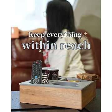 Hitseon Couch Cup Holder Tray, Handy Soft Silicone Acacia Wooden Couch Caddy for Bed Car Seat Beach Organizer, Waterproof Anti-spill Couch Drink Holder for Snacks Beverage Remote (Gray)