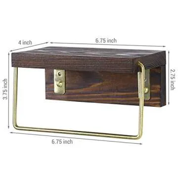 MyGift Rustic Brass Tone Metal Wire Bathroom Towel Ring with Dark Brown Burnt Wood Wall Mount, Hand Towel Rack with Display Shelf